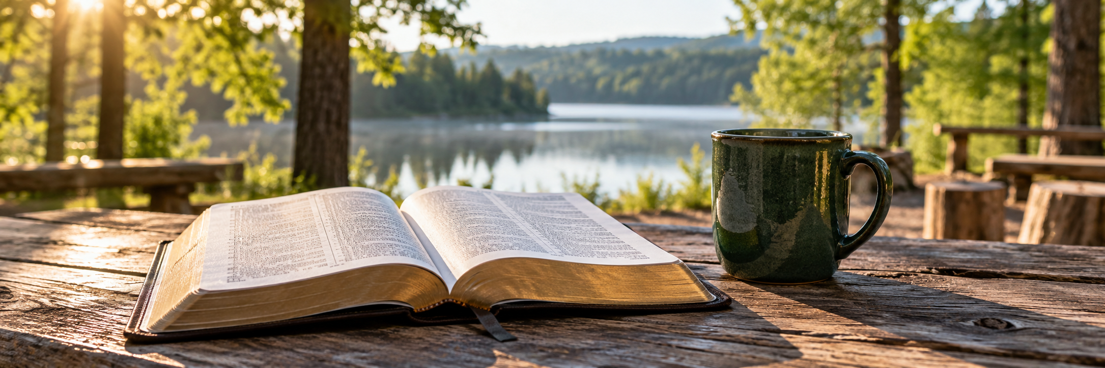 Open Bible beside a peaceful lake